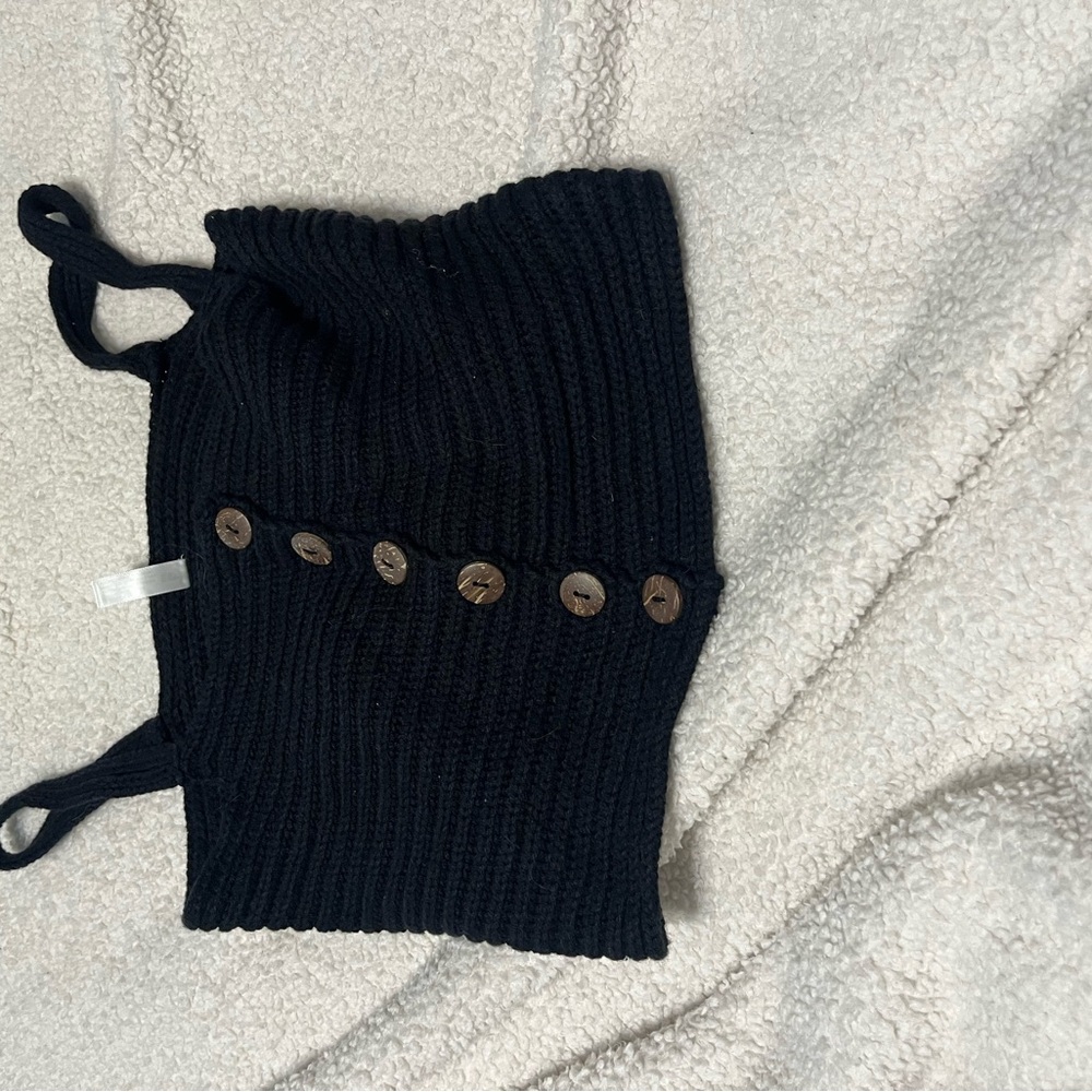 Black Ribbed Knit Tube Top with Button Detail